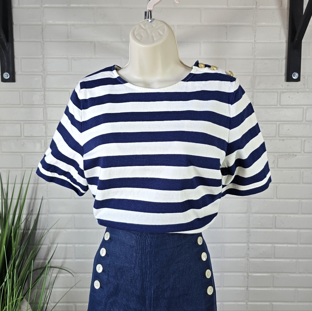 J. Crew Blue and White Stripe Nautical Short Sleeve T Shirt Medium